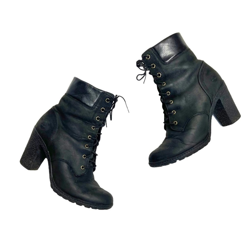 Timberland Women's Black Nubuck Leather High Heel Ankle Boot Lace Up Size 8